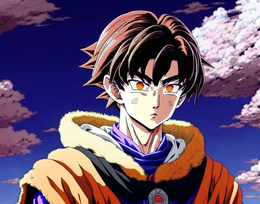 Spiky Brown Hair Anime Character in Orange and Blue Outfit