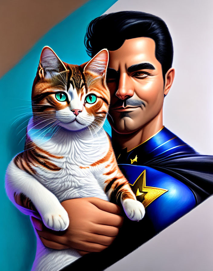 Superhero in blue and gold suit holding orange and white cat