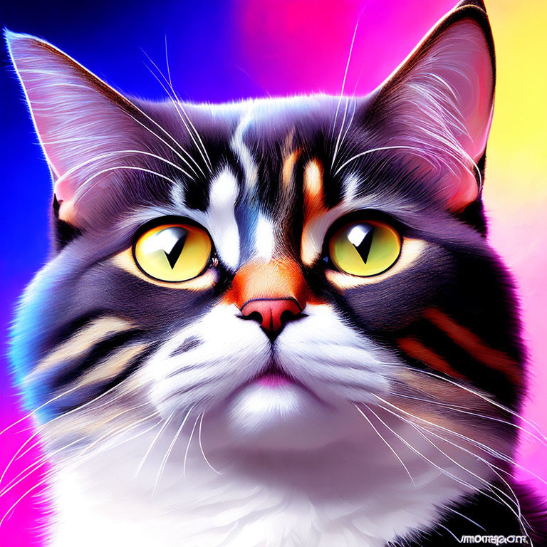 Colorful digital cat art with yellow eyes in vibrant background