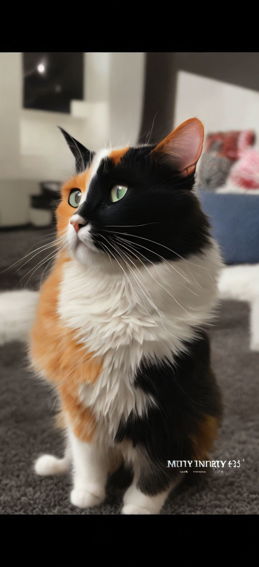 Tricolor Cat with Lush Fur in Home Interior