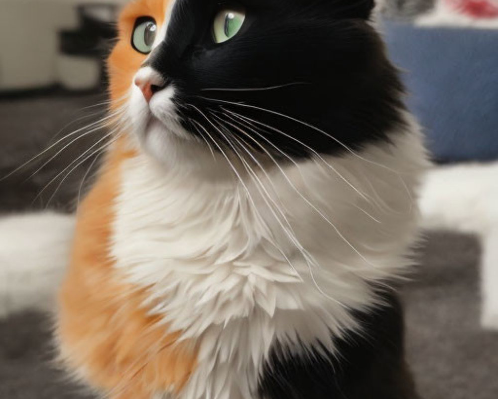 Tricolor Cat with Lush Fur in Home Interior