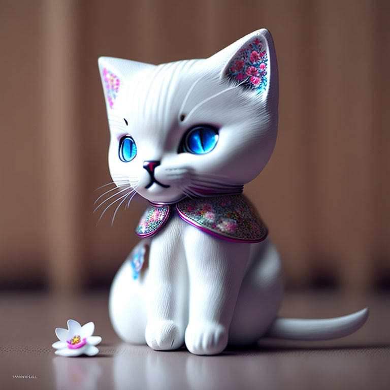 White Cat Figurine with Blue Eyes, Floral Patterns, Pink Bow, and Flower