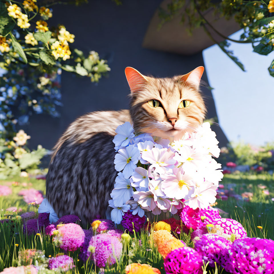 Tabby Cat with White Flower Collar Among Colorful Garden Flowers