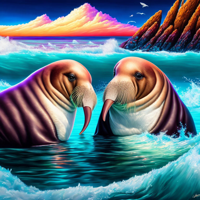 Colorful Seascape with Vibrant Walruses and Sunset