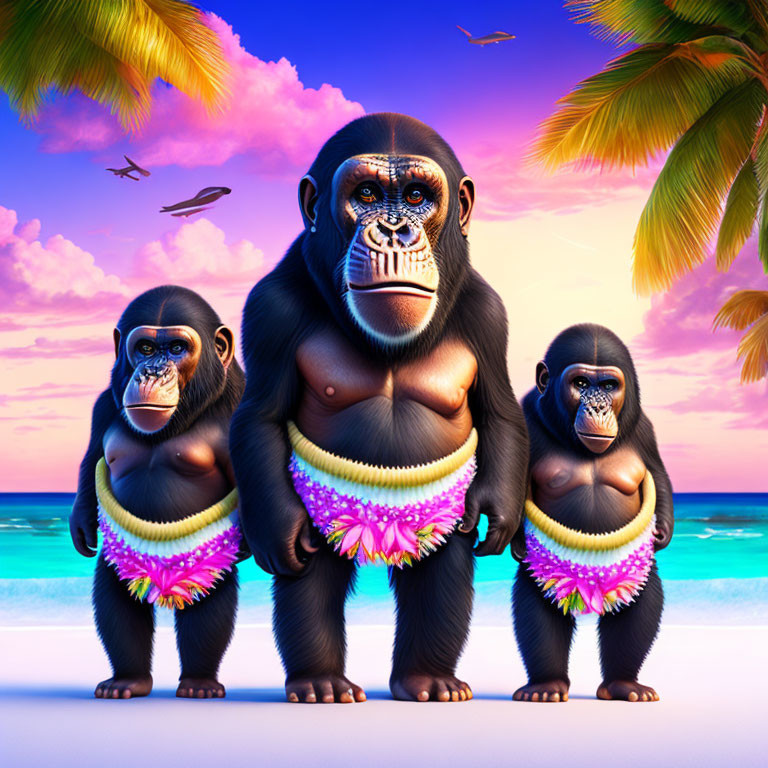 Three cartoon chimpanzees in hula skirts on beach at sunset with palm trees.