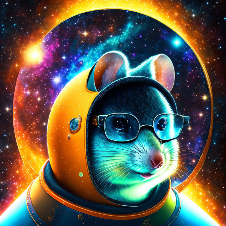 Adorable hamster with glasses in astronaut helmet in cosmic scene