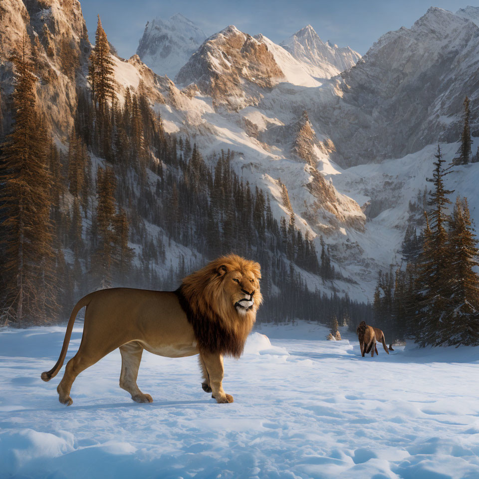 Majestic lion in snowy landscape with mountains, pine trees, and horse rider