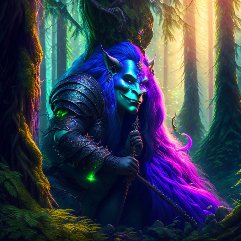 Fantasy character with blue skin and purple hair in enchanted forest