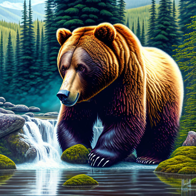 Detailed illustration of brown bear in forest near waterfall