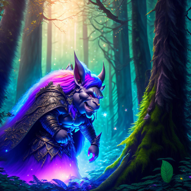 Horned creature with purple hair in mystical forest landscape