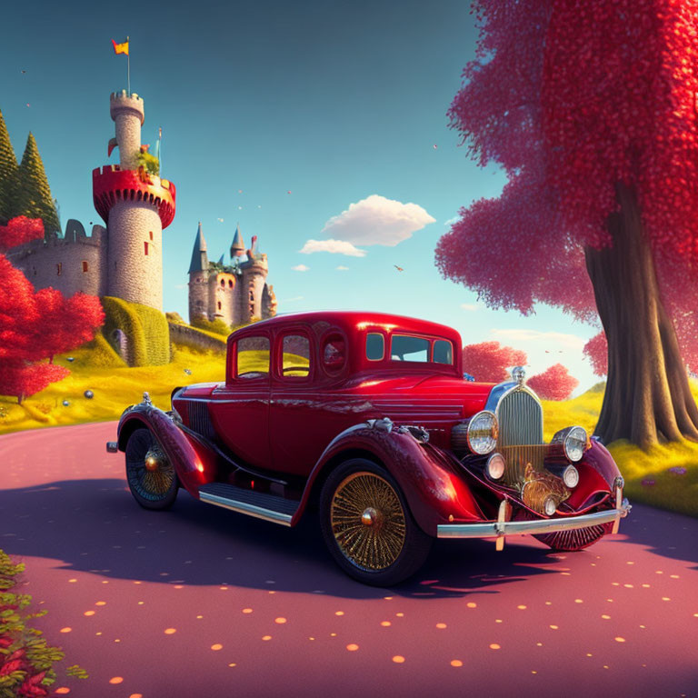 Vintage Red Car Parked Near Whimsical Castle and Red Foliage