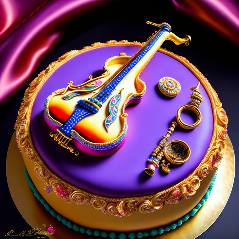 Luxurious Musical Theme Cake with Violin and Gold Accents