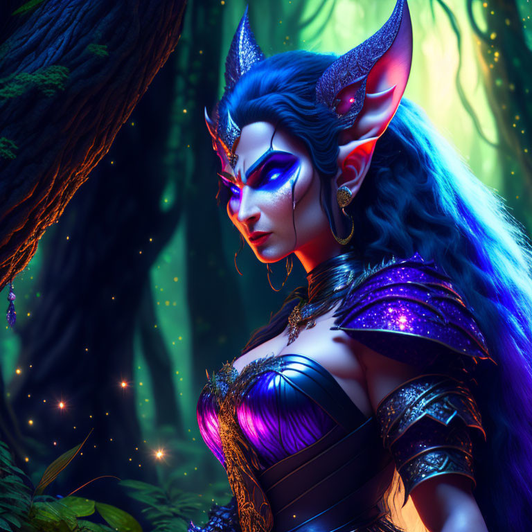 Female elf with purple skin in dark armor in enchanted forest