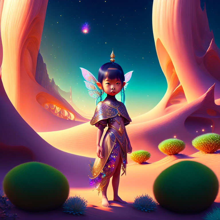 Child-like fairy illustration in colorful alien landscape with iridescent wings.