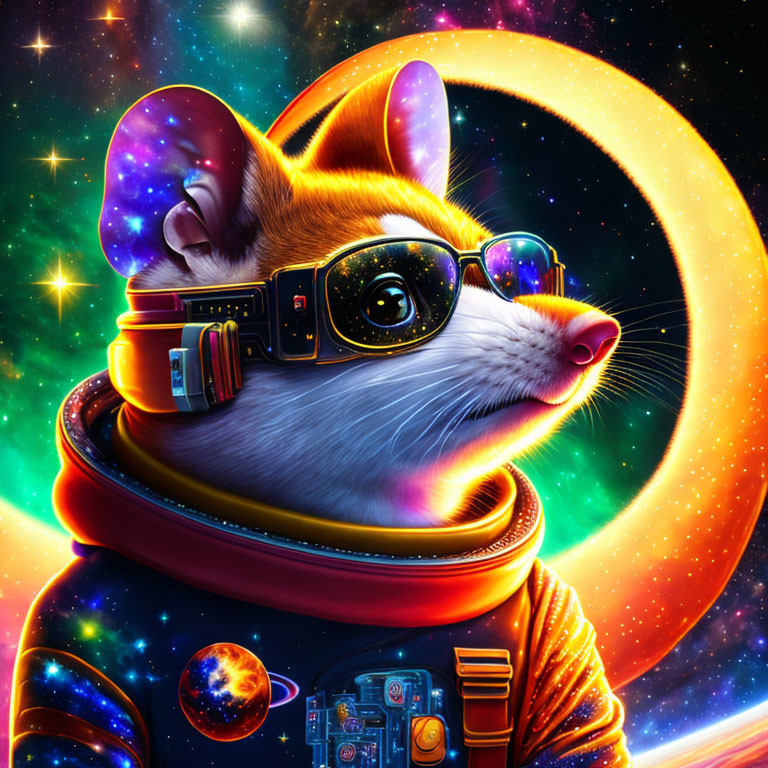 Colorful digital artwork: Cat in astronaut suit with galaxies