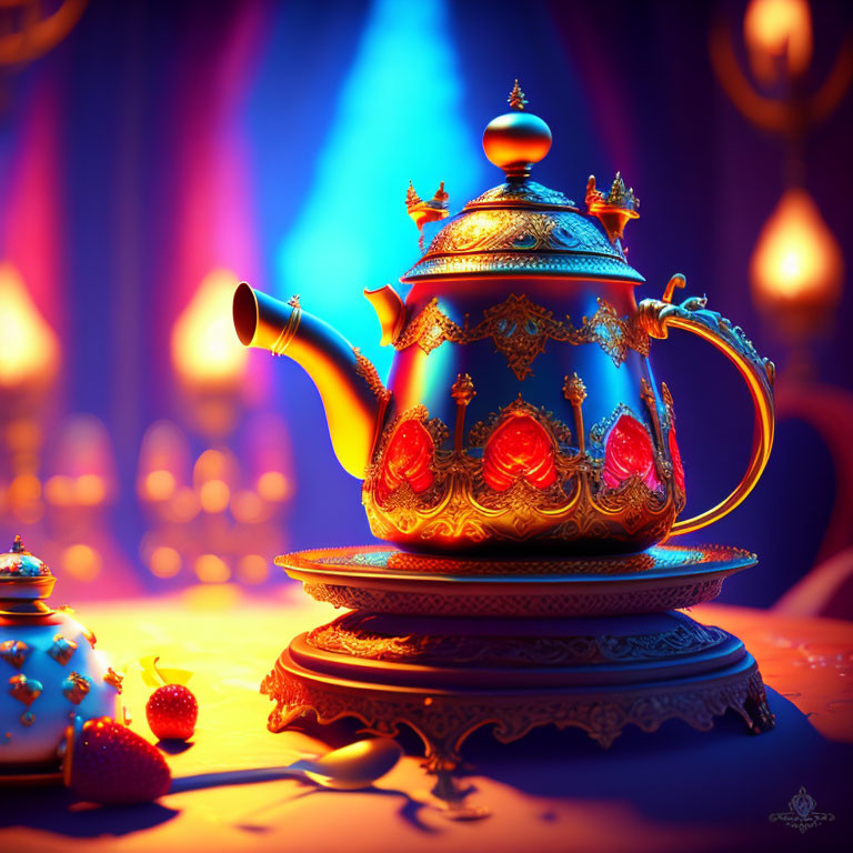 Ornate Teapot with Gold and Gem Designs on Moody Blue Background