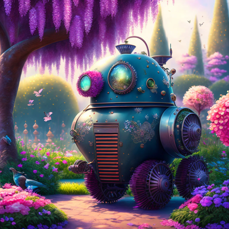 Detailed illustration of blue spherical robot in enchanted garden