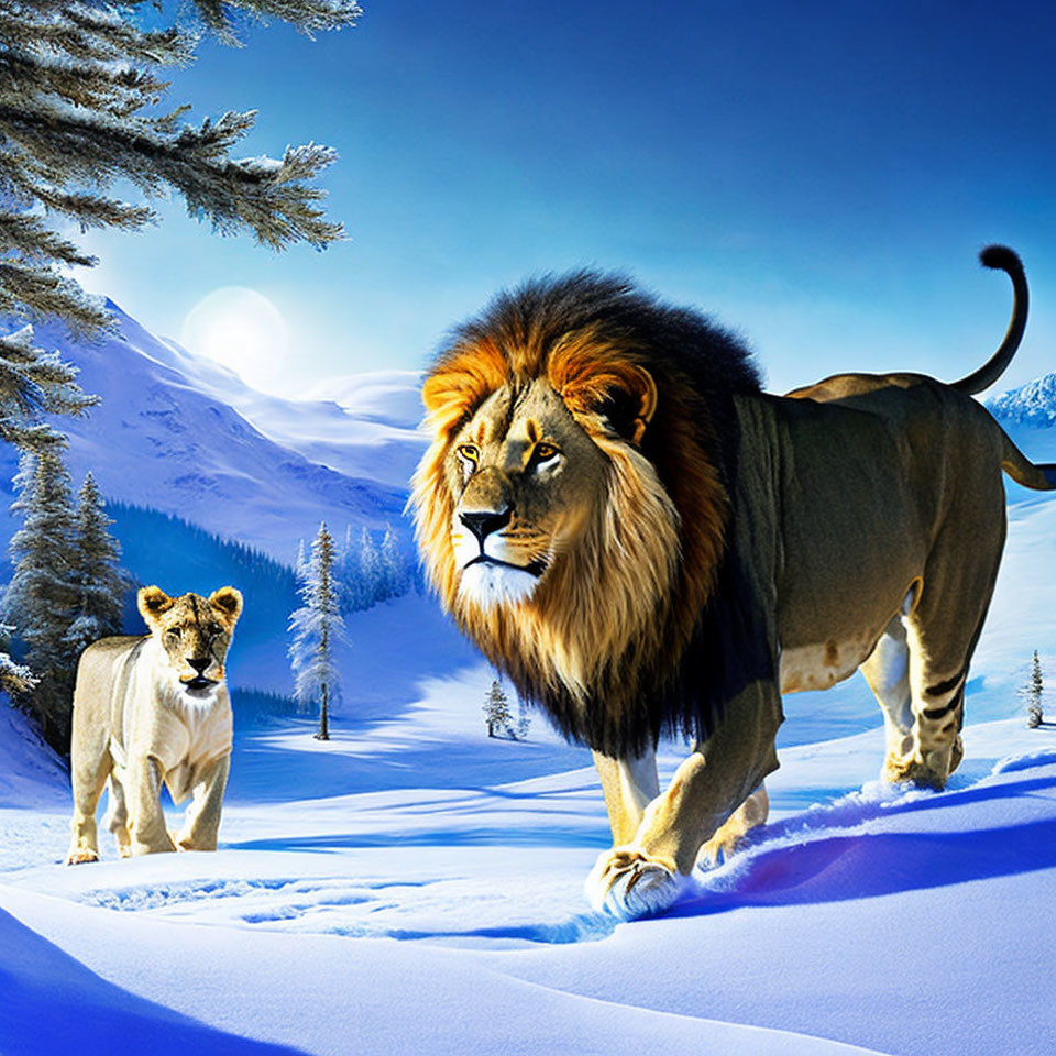 Male and female lions in snowy landscape with pine trees and clear sky