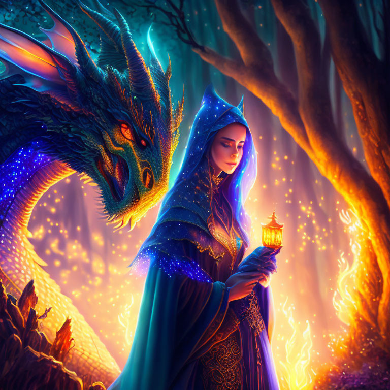 Robed figure with lantern and dragon in mystical forest