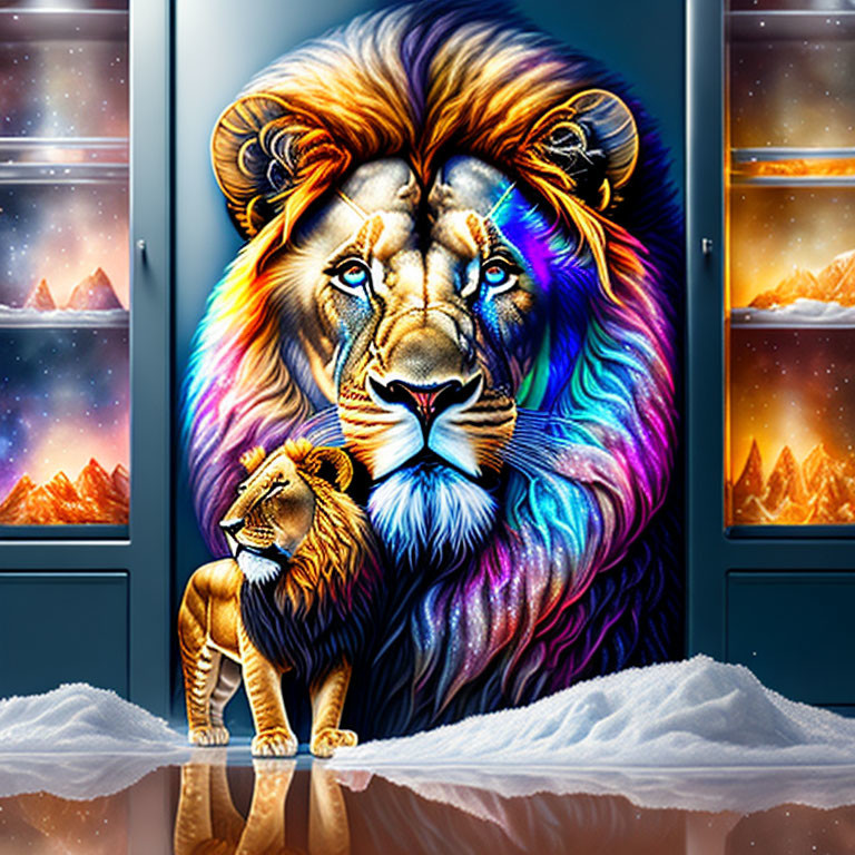 Colorful Mane Lion Artwork with Snowy Mountains & Starry Skies