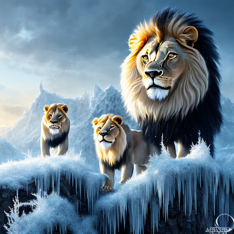 Three lions with thick manes on frost-covered ledge, regal male in center, two others beside