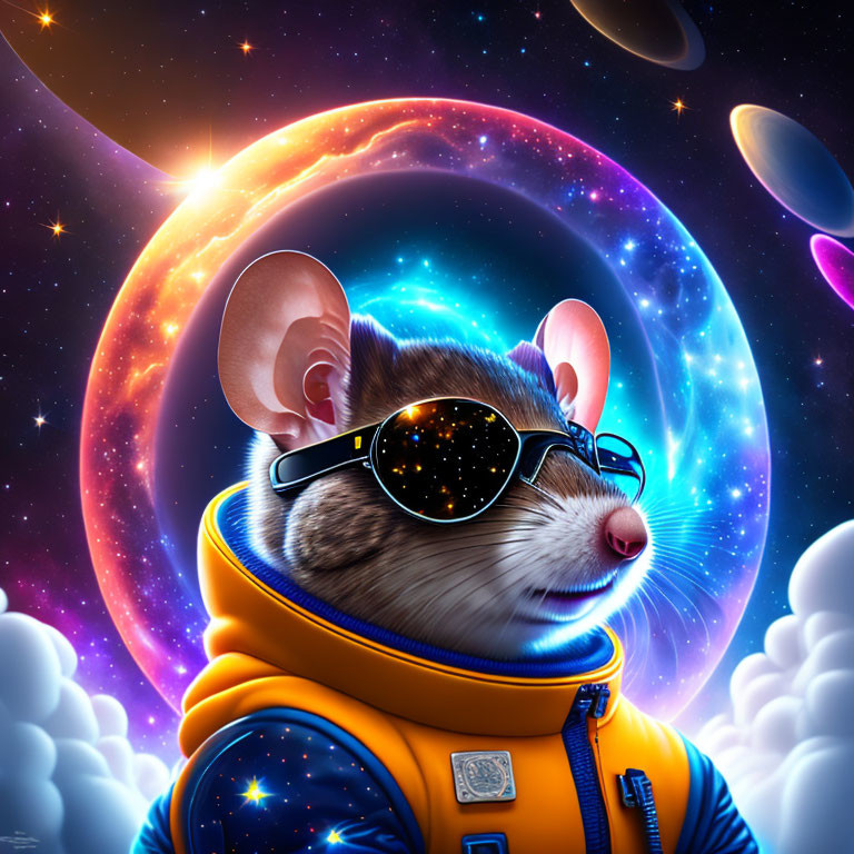 Stylized astronaut mouse with sunglasses in cosmic scene