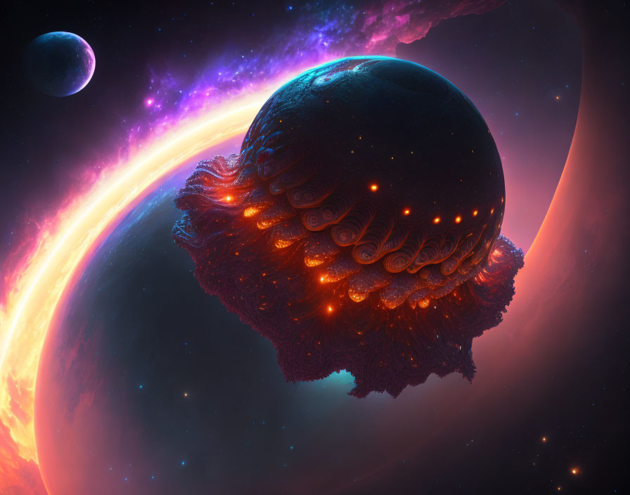 Vibrant cosmic scene with glowing planet and fractal structures