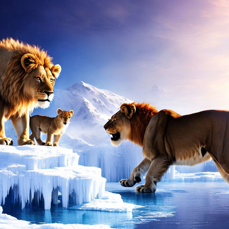 Three lions on icy cliff under twilight sky with snow-capped mountains.