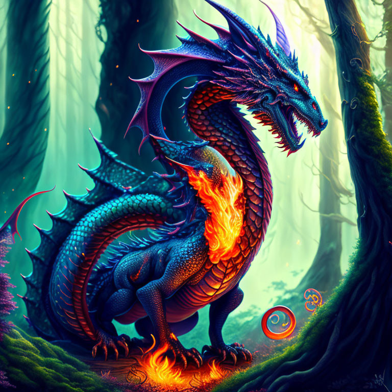 Colorful dragon in enchanted forest with fiery breath and glowing trees