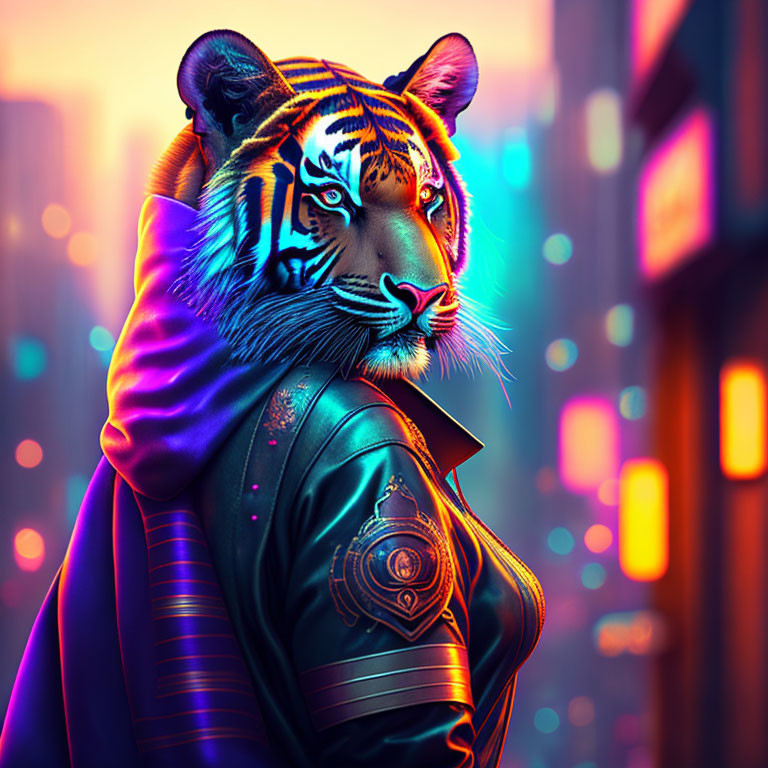 Colorful humanoid tiger character in stylish jacket against neon cityscape.