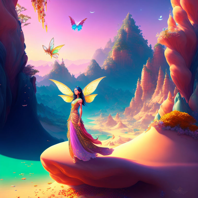 Colorful fairy illustration in vibrant fantasy landscape with floating islands.