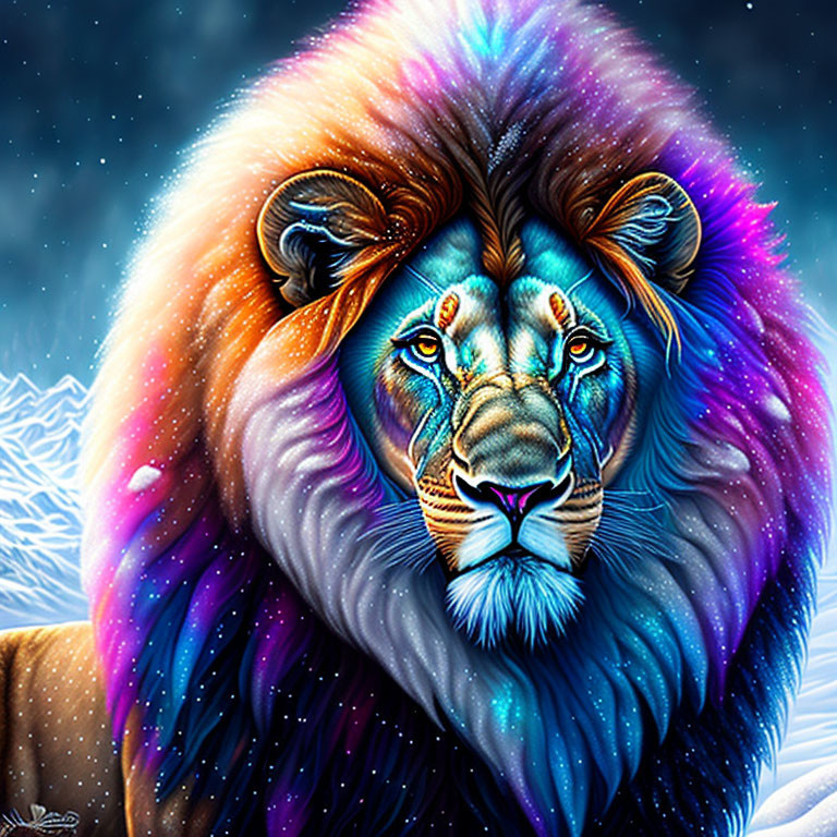 Colorful Lion Illustration: Starry Night Sky & Snowy Landscape