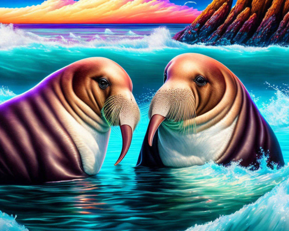 Colorful Seascape with Vibrant Walruses and Sunset