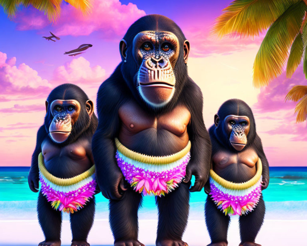 Three cartoon chimpanzees in hula skirts on beach at sunset with palm trees.