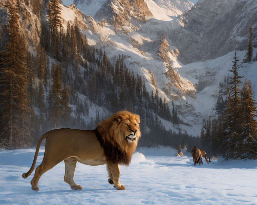 Majestic lion in snowy landscape with mountains, pine trees, and horse rider