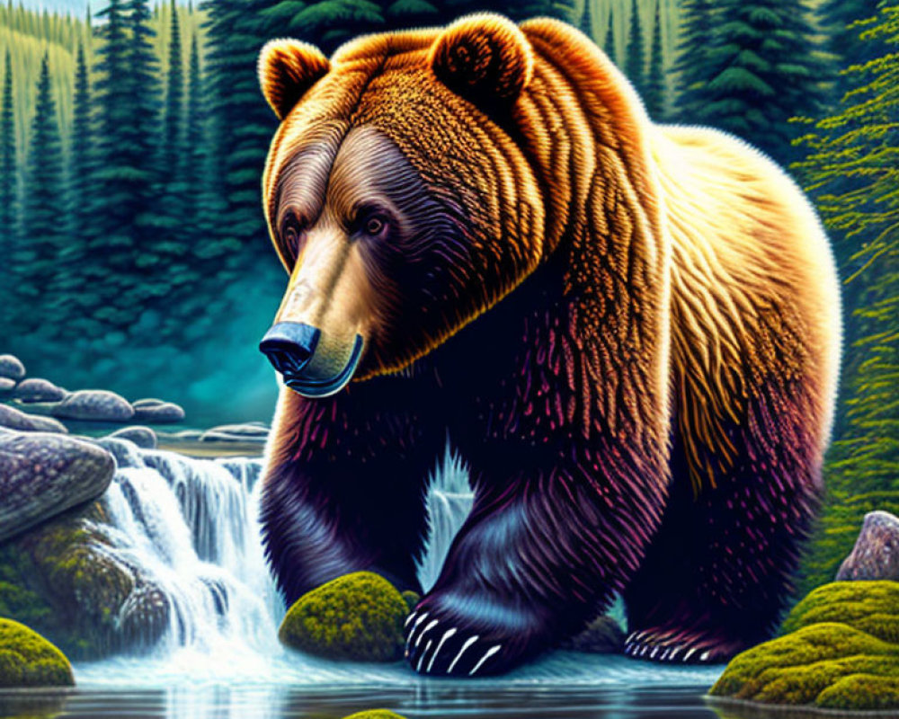 Detailed illustration of brown bear in forest near waterfall