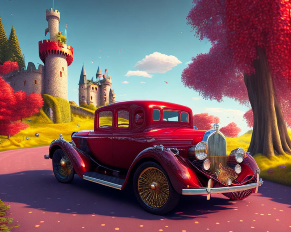 Vintage Red Car Parked Near Whimsical Castle and Red Foliage