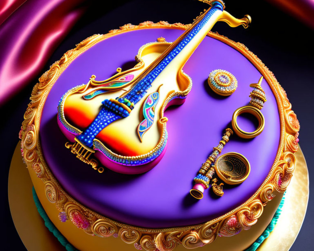 Luxurious Musical Theme Cake with Violin and Gold Accents