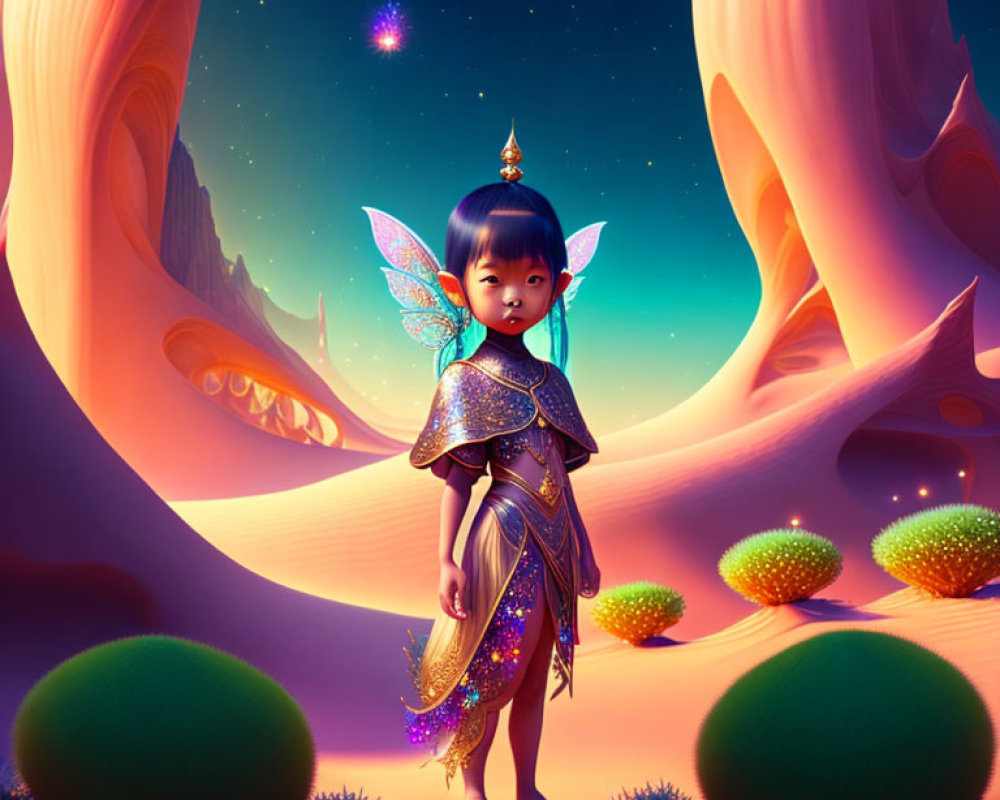 Child-like fairy illustration in colorful alien landscape with iridescent wings.