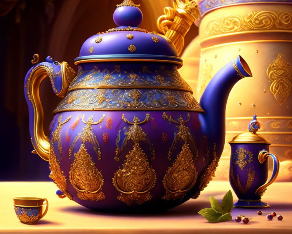 Blue and Gold Ornate Teapot with Matching Cup and Nature Elements