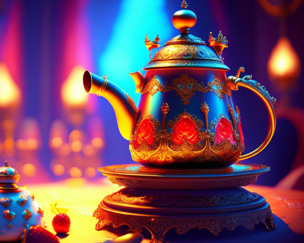 Ornate Teapot with Gold and Gem Designs on Moody Blue Background