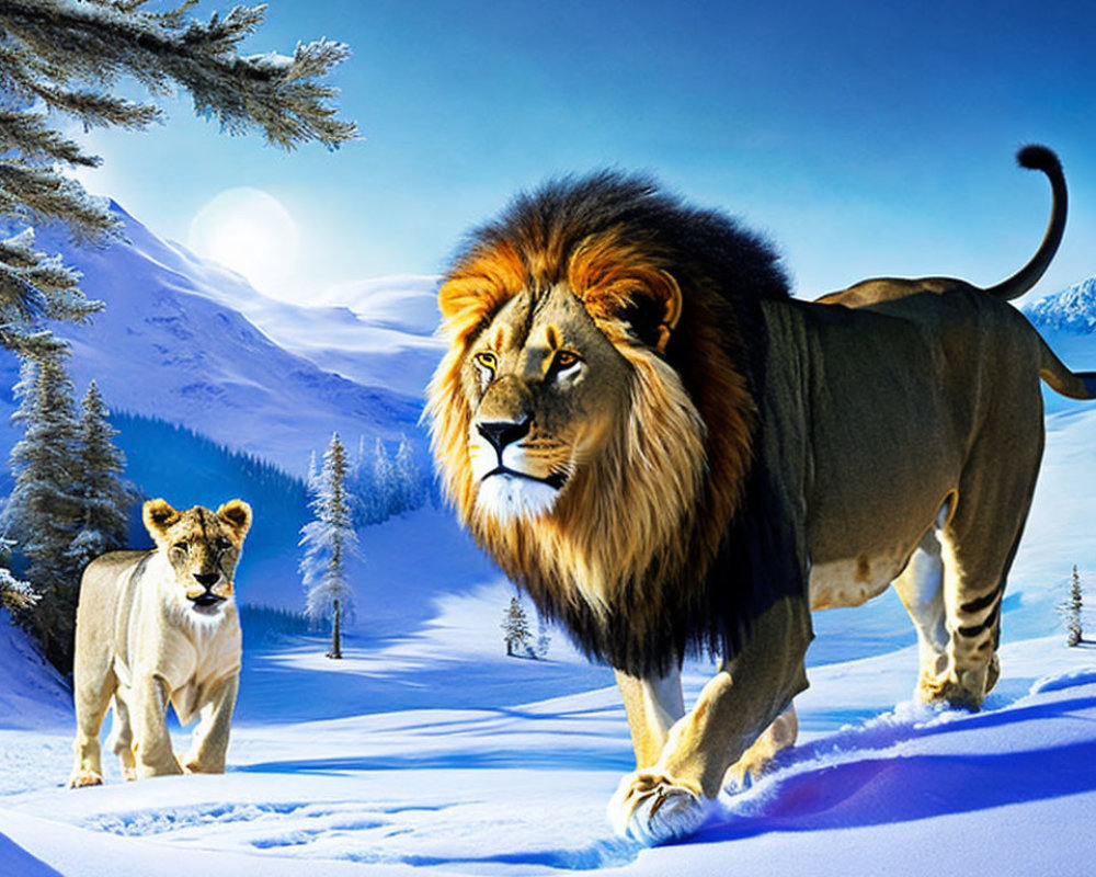 Male and female lions in snowy landscape with pine trees and clear sky