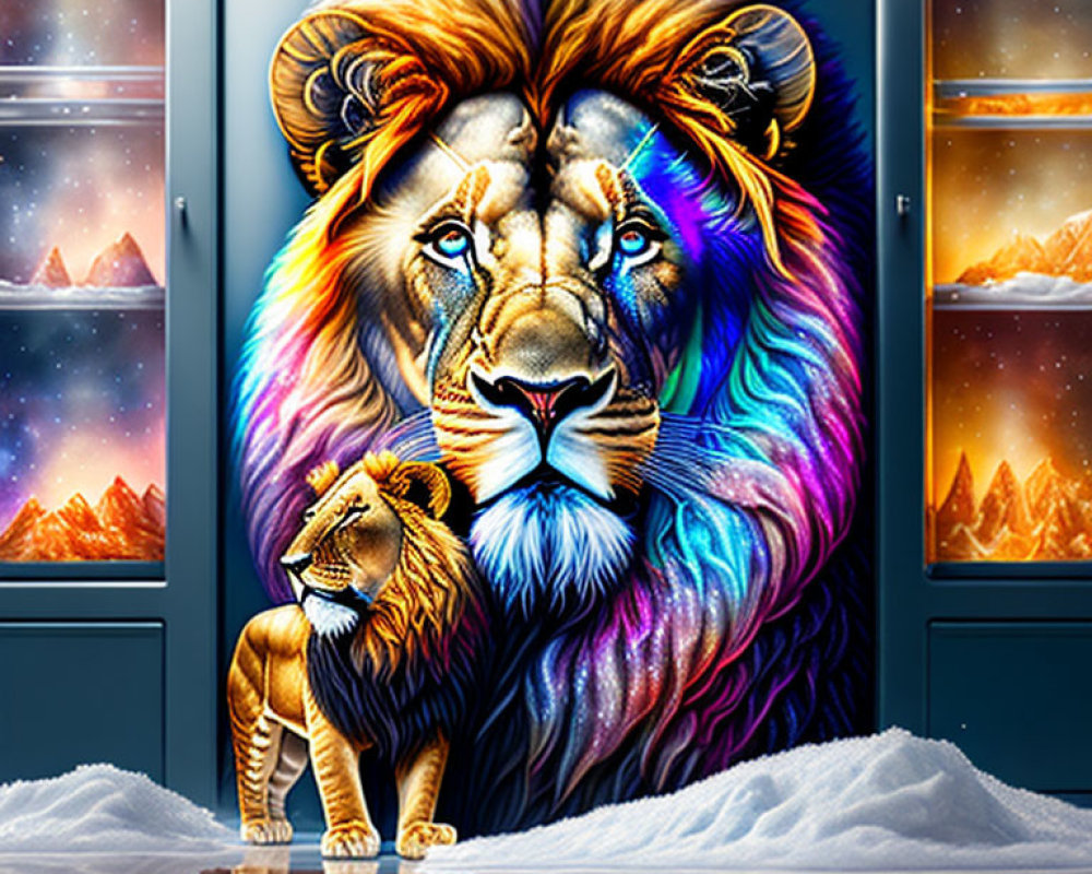 Colorful Mane Lion Artwork with Snowy Mountains & Starry Skies