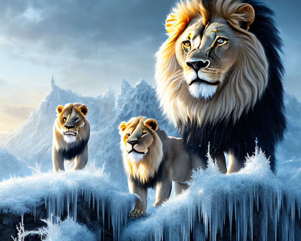 Three lions with thick manes on frost-covered ledge, regal male in center, two others beside