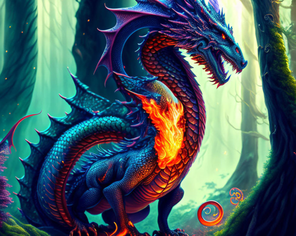 Colorful dragon in enchanted forest with fiery breath and glowing trees