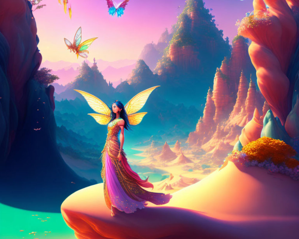 Colorful fairy illustration in vibrant fantasy landscape with floating islands.