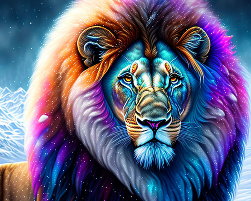 Colorful Lion Illustration: Starry Night Sky & Snowy Landscape