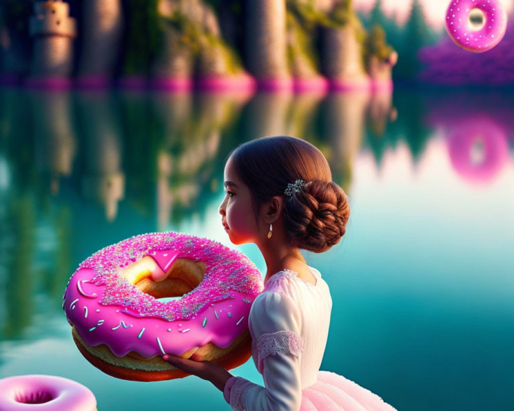 Girl in pink dress with giant doughnut by castle's reflective lake