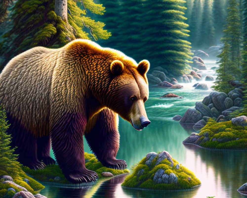 Brown bear by forest stream with lush greenery and sunlight.