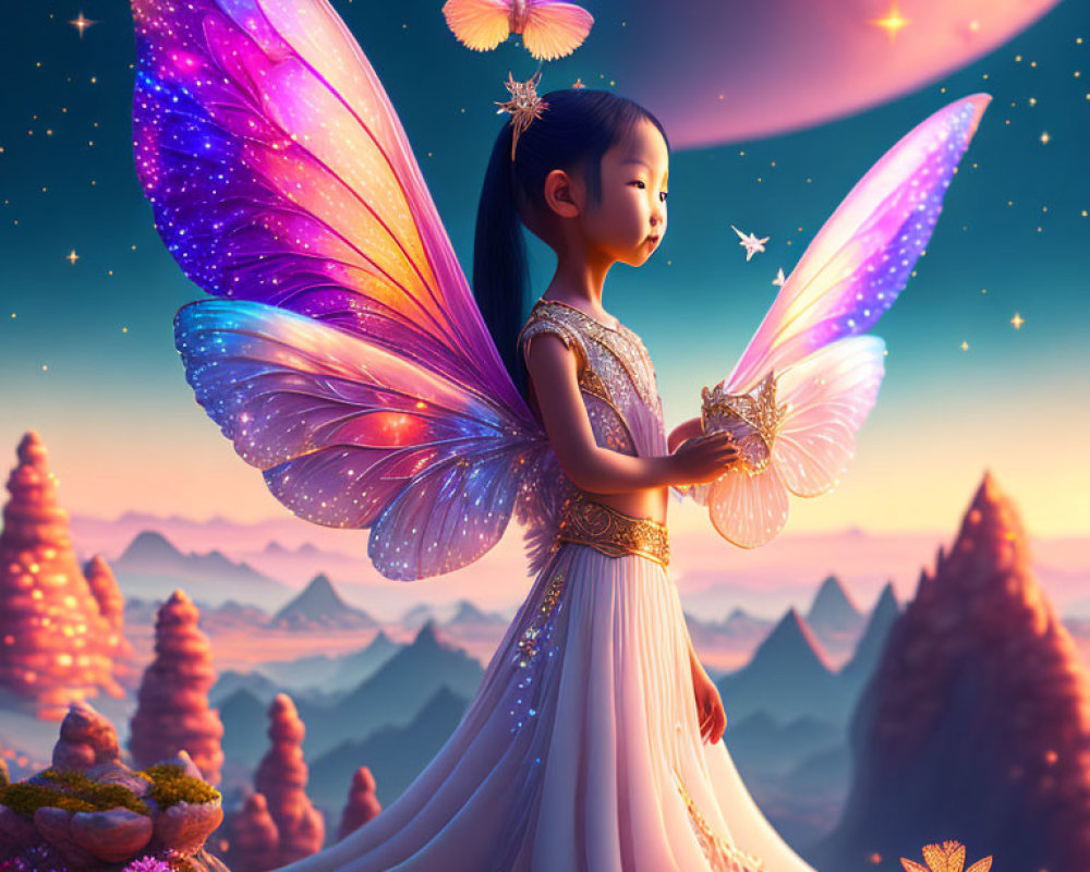 Young girl with butterfly wings in mystical landscape at dusk with glowing butterfly and giant planets.